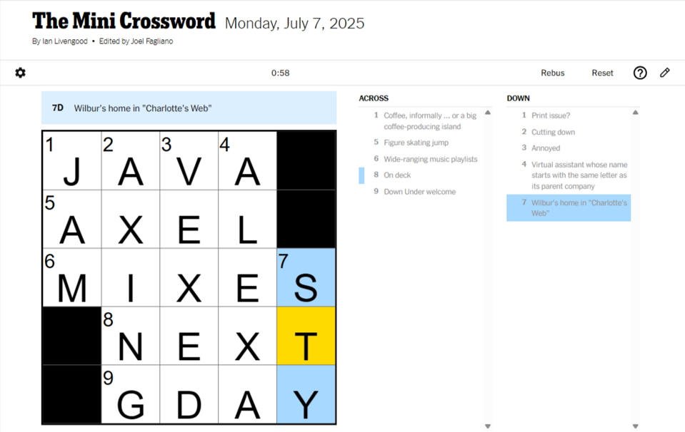 Today’s NYT Mini Crossword Clues And Answers For Monday, July 7th