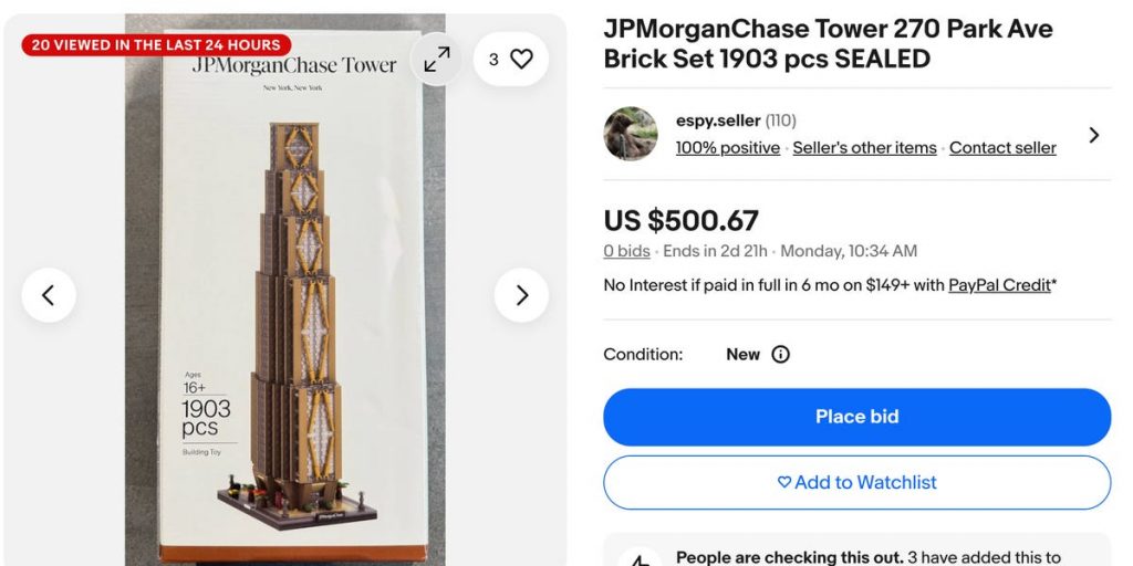 A LEGO-style replica of JPMorgan’s new 270 Park skyscraper has an internal waitlist and is listed for $500 on eBay